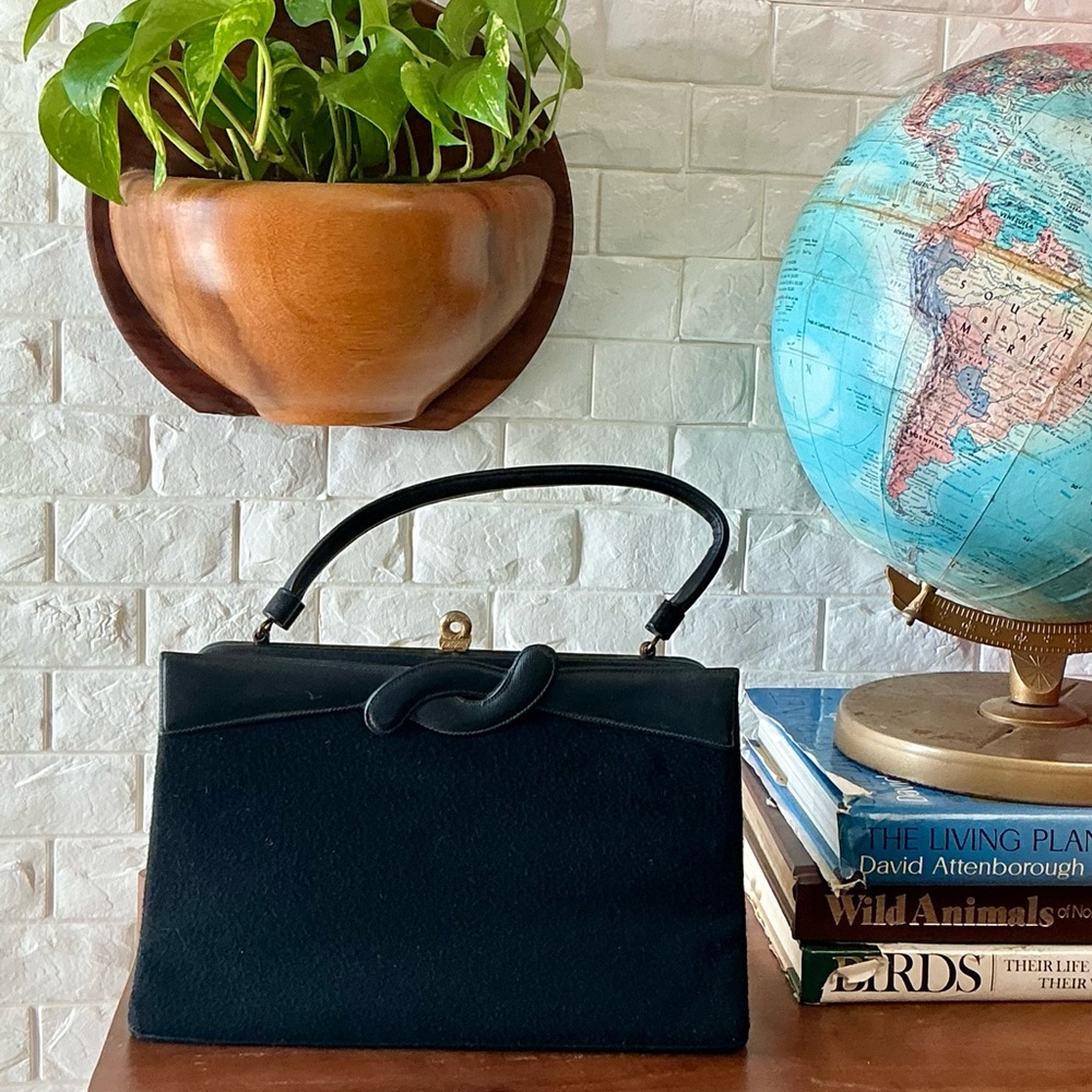 Vintage 50s 60s Lewis Black Felted Fabric Structured Bag with Leather Accent